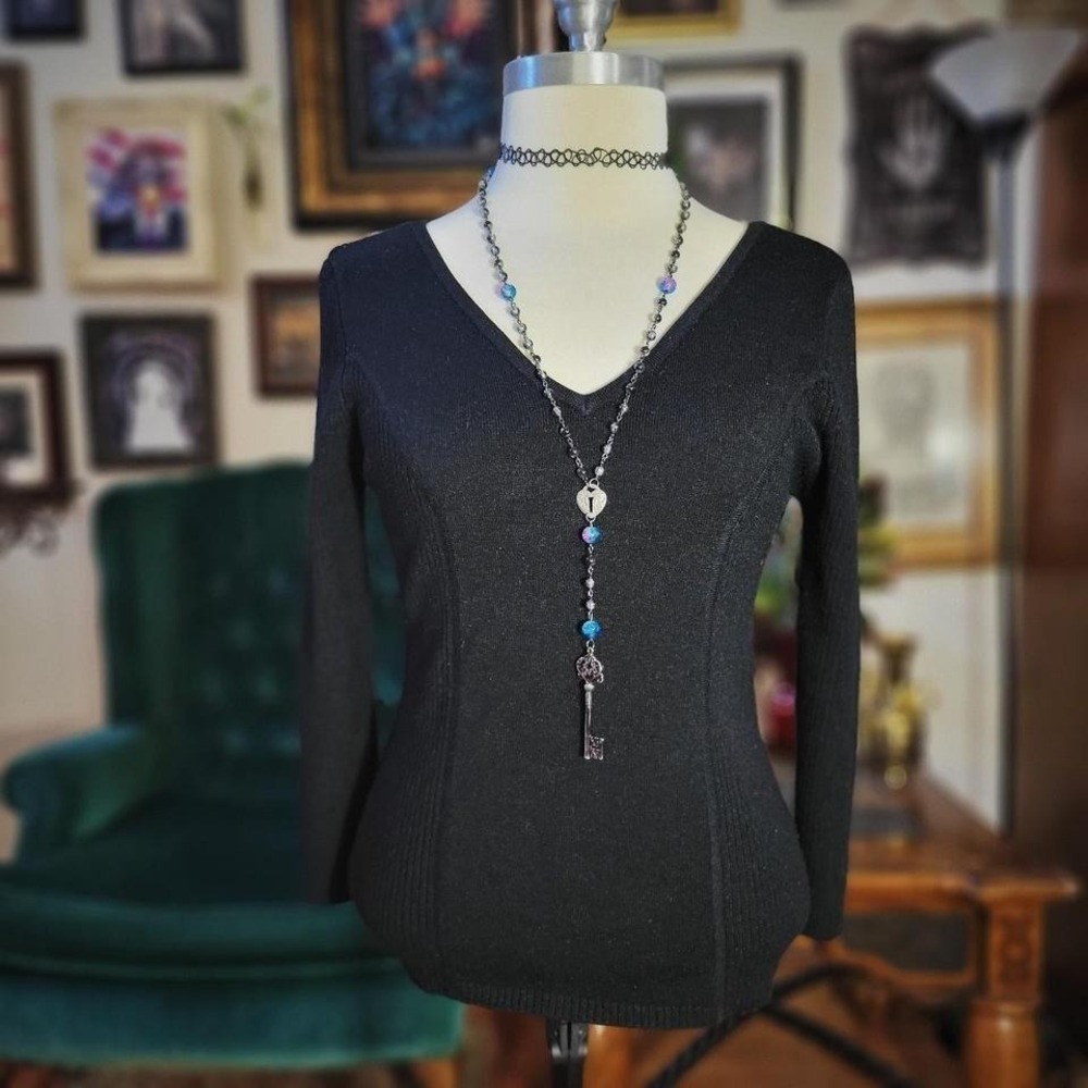 Takeout Ribbed V-Neck Sweater Top Black Long Sleeve Fitted Knit Vintage Y2K XL